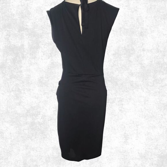 BCBGMAXAZRIA Black Draped Sheath Dress – M | Beaded Collar + Pockets | Luxe Glam - Picture 6 of 9